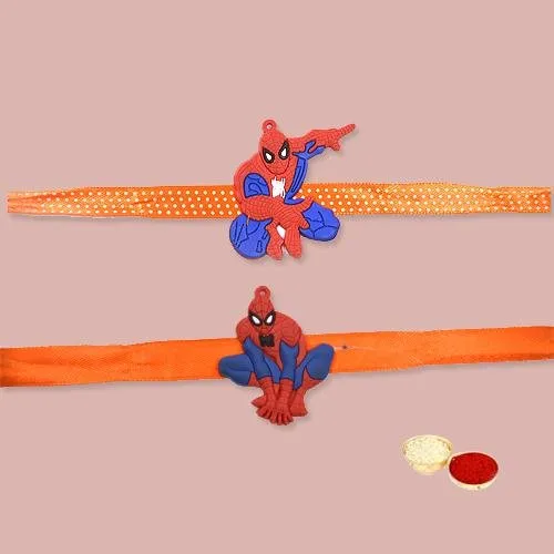 Stylish Pair of Spiderman Rakhi with Roli, Chawal n Card