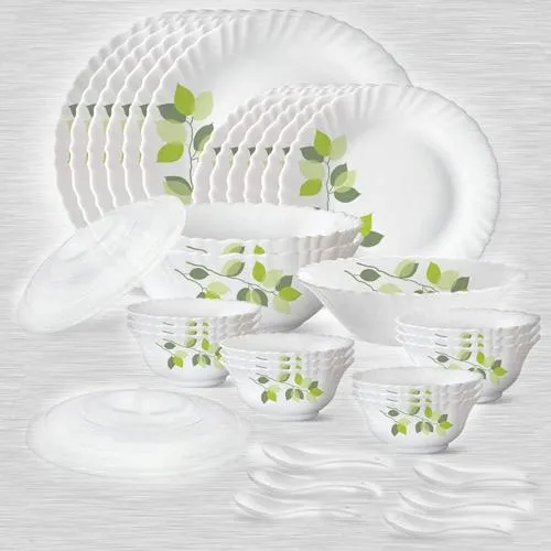 Beautiful Larah by Borosil Green Leaves Silk Series Dinner Set