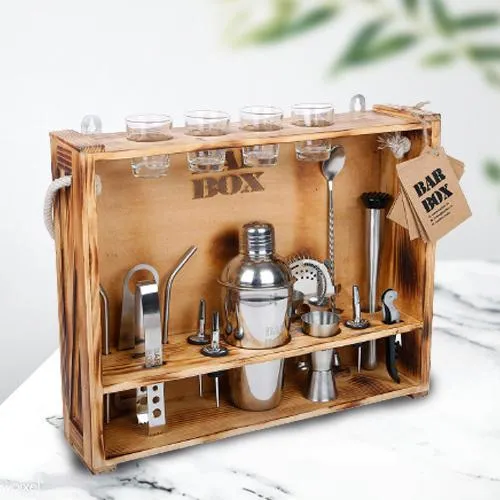 Resplendent 19 Pc Bar Tool Set with Rustic Wood Stand