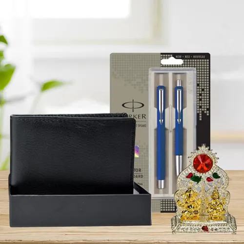 Exclusive Parker Pen Set with a Rich Borns Black Leather Wallet n Laxmi Ganesh Mandap