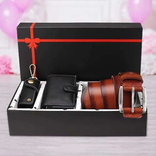 Adorable Hide N Skin Mens Leather Card Wallet, Belt N Keychain