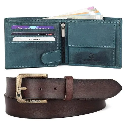 Striking WildHorn Blue Leather Mens Wallet N Belt Set