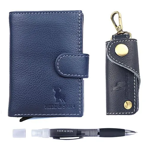 Designer Trio of Hide N Skin Leather Card Case with Pen N Keychain Set