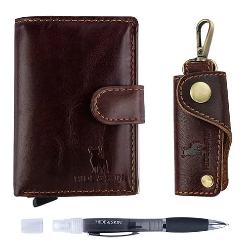 Dazzling Hide N Skin Leather Card Case with Pen and Key Chain Set
