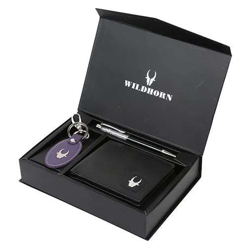 Breathtaking Pair of WildHorn Leather Mens Wallet with Keychain and Black Diamond Pen