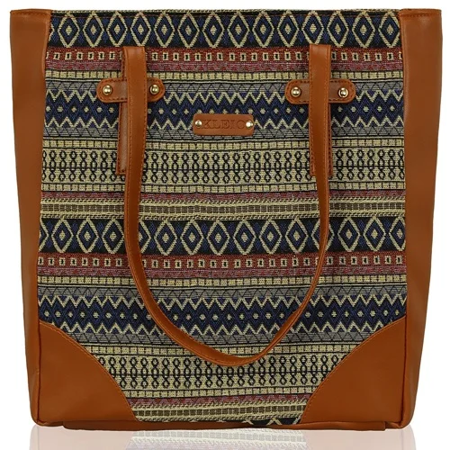 KLEIO Jacquard Fabric Faux Leather Exclusive Ladies Tote Bag