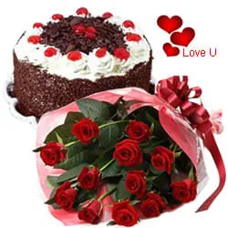 12 Red Rose Bunch with Black Forest Cake