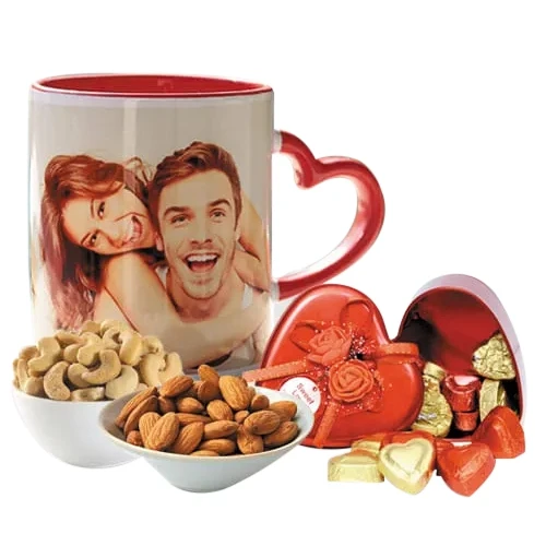 Stunning Personalized Photo Mug n Heart Chocolates with Dry Fruits