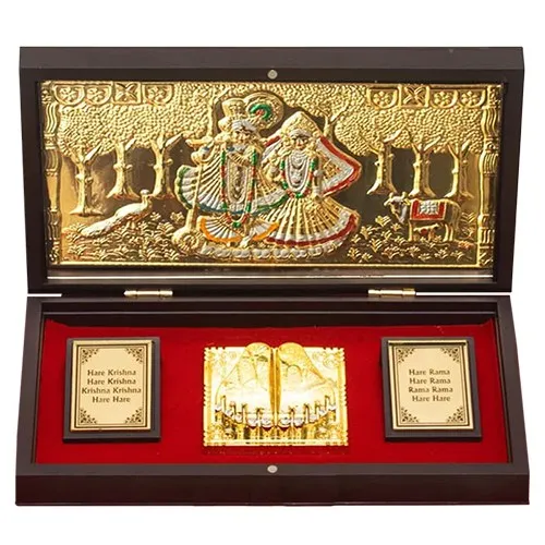 Auspicious Gold Plated Radha Krishna Idol with Charan Paduka