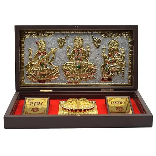 Amazing Gift of Gold Plated Lakshmi Ganesh Saraswati Photo N Shubh Labh Charan Paduka