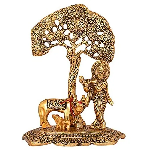 Sacred Gift of Metal Krishna Idol with Kamdhenu Cow