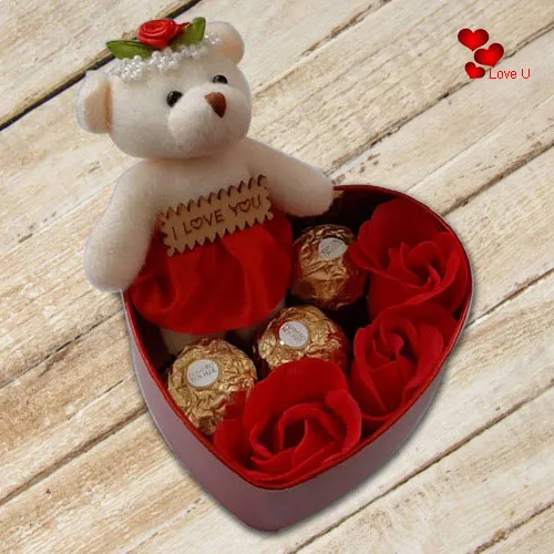 Glamorous Heart Shape Box of Teddy, Roses and Ferrero Rocher