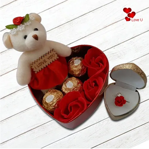 Marvelous Gift of Teddy, Roses, Ferrero Rocher Chocolates n a Fancy Ring in a Heart Shape Box
