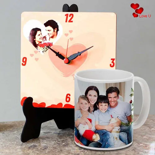 Elegant Personalized Photo Table Clock with a Personalized Coffee Mug