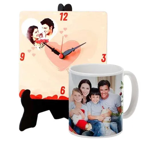 Superb Personalized Photo Table Clock with a Personalized Coffee Mug