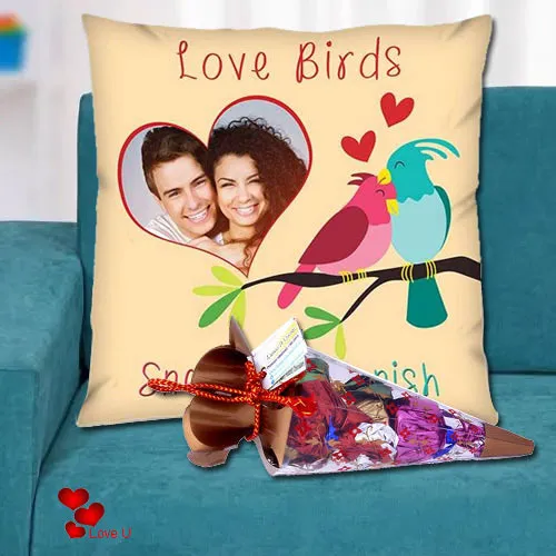 Magnificent Personalized Cushion with a Cone of Handmade Chocolates