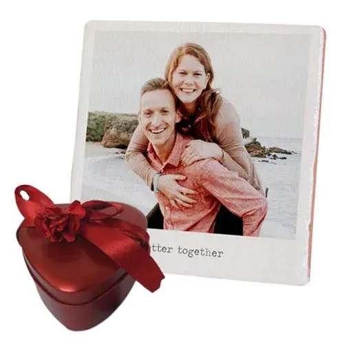 Send Personalized Photo Tile with Heart Shape Hand Made Chocolates