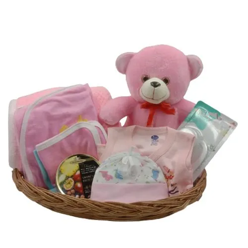 Exciting Gift Basket for Baby Girls with Simpkins Candies Tin N Teddy Bear