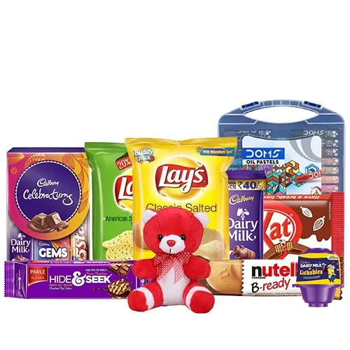 Exclusive Snacks Treat with Doms Color N Teddy Cone Hamper