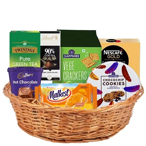 Unique Gift Basket of Hot Drinks with Crunchies N Lindt