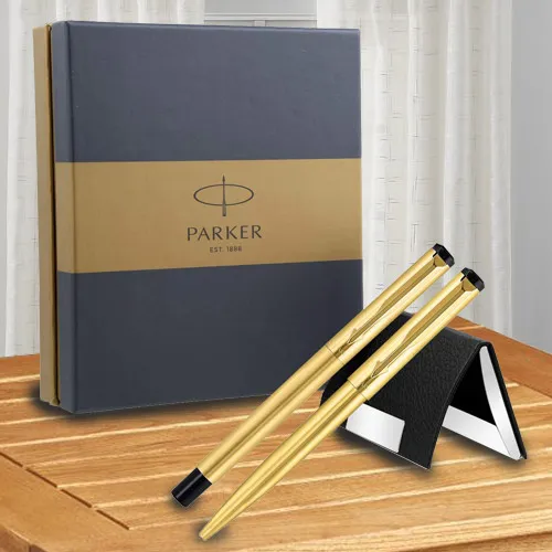 Exclusive Gift Set of Parker Vector Gold Trim Roller n Ball Pen n Visiting Card Holder