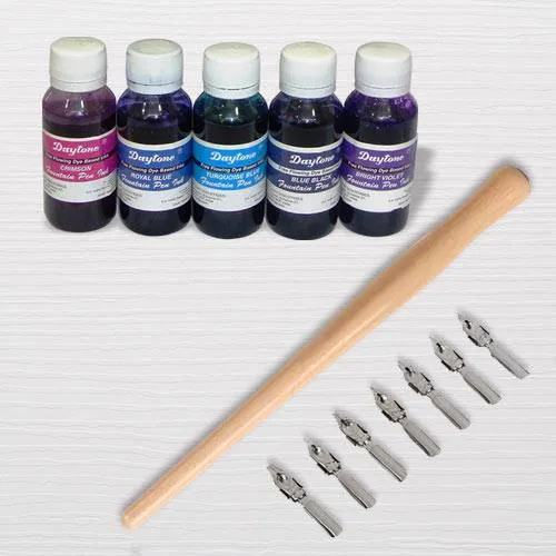 Attractive Calligraphy Dip Pen Set with Wooden Holder n Ink
