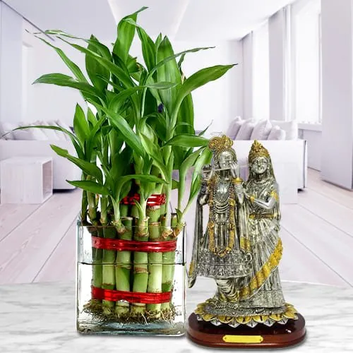 Classic Gift of Holy Radha Krishna Murti with 2 Layer Good Fortune Bamboo Plant