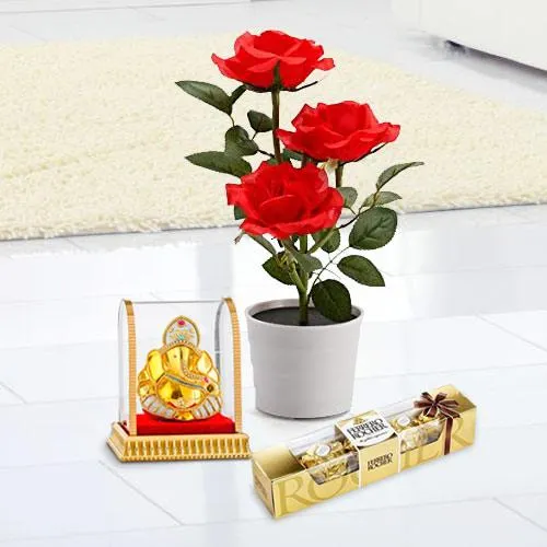 Lucky Vinayak Murti with Chocolaty Treat N Rose Planter