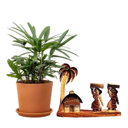 Air Purifying Potted Broadleaf lady palm with Handcrafted Wooden Farmer Girls