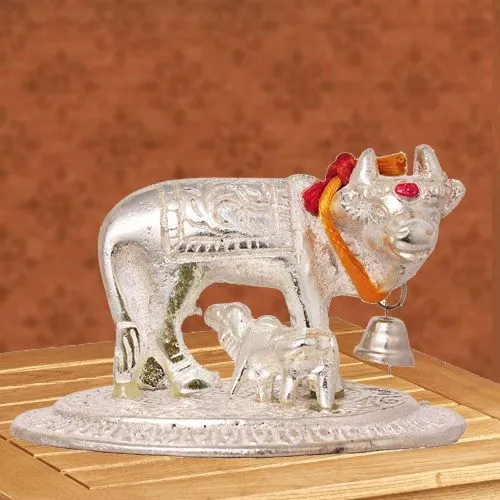 Remarkable Kamdhenu Cow N Calf Idol for Pooja Mandir