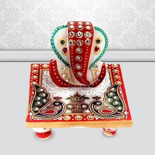 Stylish Marble Ganesh Chowki with Peacock Design