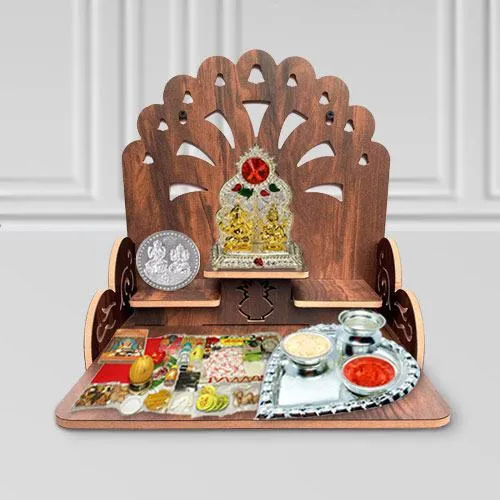 Auspicious Combo of Wooden Temple N Pooja Items