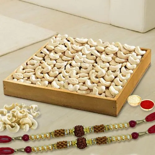 Appealing Set of 2 Rudraksh Rakhis with Cashews, Roli Chawal N Card