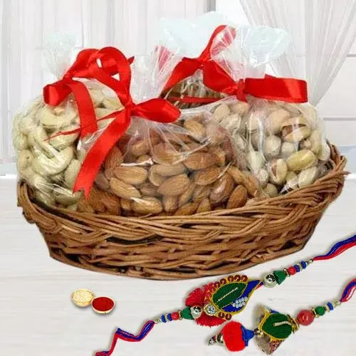 Stylish Gift of Lumba Rakhi Set with Exotic Dry Fruits Basket