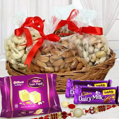 Dazzling Pearl Rakhi with Assorted Dry Fruits, Chocolates n Sweets