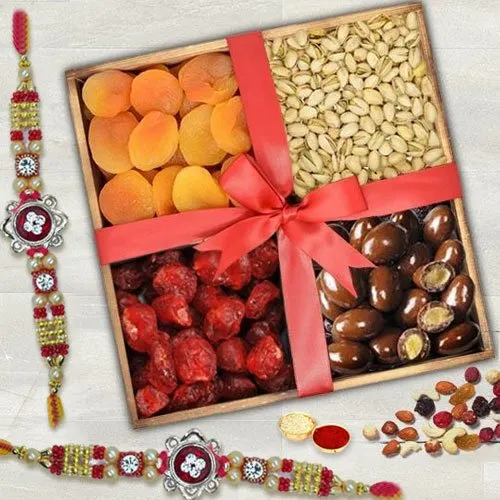 Charming Rakhi Pair with Dried Fruit Tray, Rakhi Card N Roli Tika