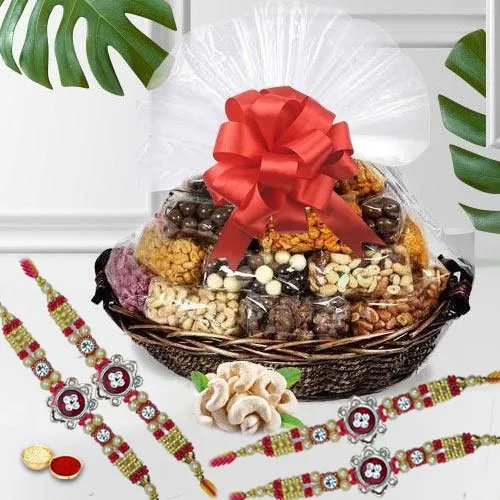 Fabulous Rakhi Love for 4 with Assorted Dry Fruits Basket