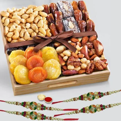 Classy Set of 4 Stone Rakhi with Assorted Dry Fruits Tray