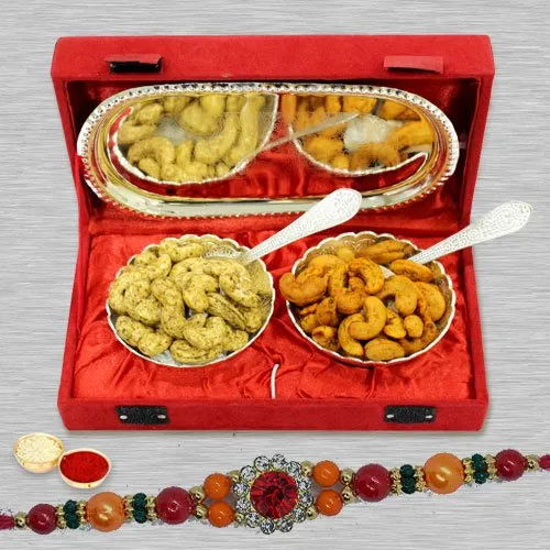 Graceful Stone Rakhi with Cashews in Silver Plated Bowl n Tray