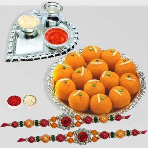 Trendy Stone Rakhis with Haldiram Motichur Laddoo, Roli Tika N Card