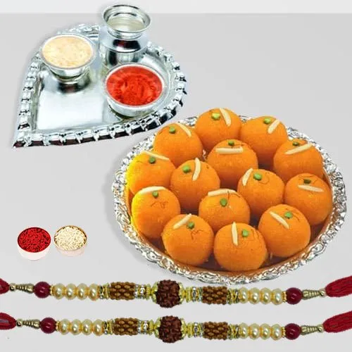 Exquisite Rudraksha Rakhi N Haldiram Motichur Laddoo, Roli Tika N Card