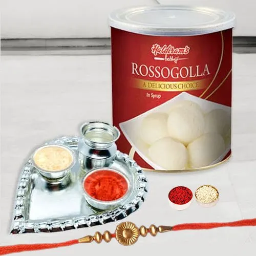 Appealing Thread Rakhi N Haldiram Rosogolla with Silver Plated Thali