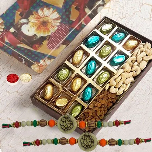 Pious Ganesh Rakhi Set with Homemade Chocolates n Dry Fruits Box