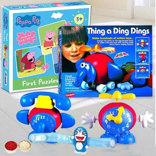 Superb Doremon Rakhis with Kids Puzzle N Indoor Gaming Set