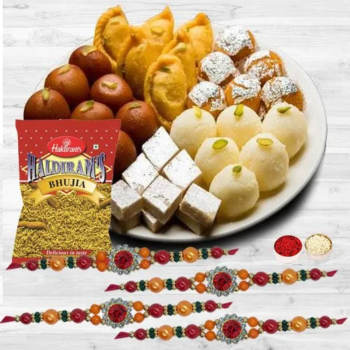 Graceful Stone Rakhi Set with Haldiram Bhujia N Assorted Sweets