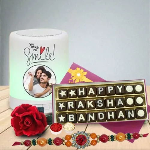 Attractive Stone Rakhi with Handmade Chocolates N Personalized Speaker