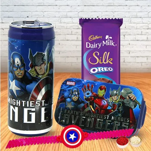 Fancy Captain America Rakhi, Dairy Milk, Marvel Lunch Box N Sipper Bottle