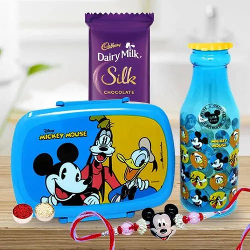 Rocking Mickey Rakhi, Chocolate, Mickey Mouse Lunch Box N Water Bottle