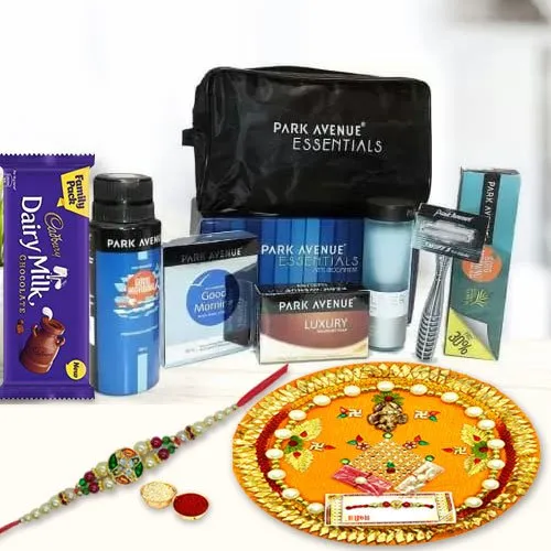 Gaudy Stone Rakhi, Park Avenue Mens Grooming Kit, Cadbury Chocolate N Thali