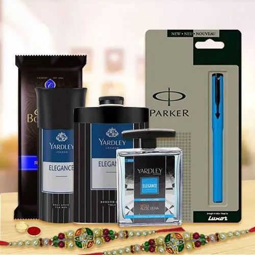 Graceful Stone Rakhi with Thali, Pen, Chocolate N Yardley Grooming Kit